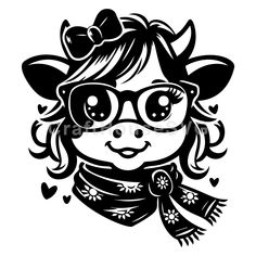 a black and white drawing of a girl wearing glasses with a bow on her head