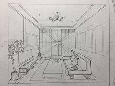 a drawing of a living room with couch, coffee table and chandelier