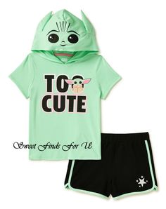 BRAND NEW WITH TAGS Star Wars Baby Yoda  Girls Cosplay Hoodie Shirt and Shorts Set Sizes 4-10 What a cool cosplay set! Your little girl can dress up in this hooded cosplay top and shorts set inspired by her favorite Star Wars character—Baby Yoda! With a hooded design and signature character ears, your little girl will have a blast in this fun cosplay outfit. Includes 1 top and 1 pair of shorts Top: Hooded; 3D accents  Shorts: Pull-on style; elastic waist; allover print Top/Shorts: 60% Cotton/40% Jumpsuit Outfits, Girls Hoodie, Girl Sleeves, Star Wars Outfits, Star Wars Costumes, Star Wars The Mandalorian, Hoodie Set, Star Wars Baby, The Mandalorian