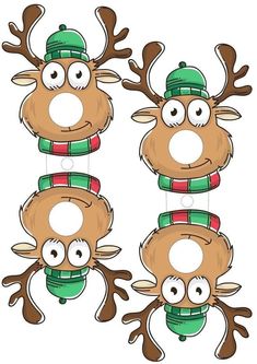 three reindeers with hats and scarfs hanging from strings