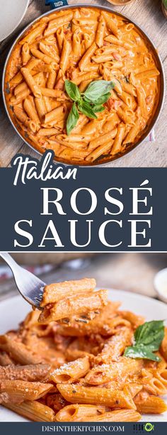 a close up of a plate of pasta with basil on top and the words italian rose sauce above it