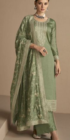 Green color Salwar Kameez in Art Silk fabric with Embroidered, Sequence, Thread, Zari work.   Shop @ https://www.indianweddingsaree.com/salwar-kameez-product/art-silk-festive-salwar-kameez-in-green-with-embroidered-work-1866860 Green Dupatta, Green Bottom, Silk Dupatta, Embroidery Work, Salwar Suits, Salwar Kameez, Silk Fabric, Green Colors