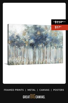 a painting on a white background with the words, $ 59 99 framed prints metal canvass