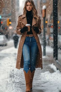 Cowboy Shoes Outfit, Tall Tan Boots Outfit, Trench Coats Outfit, Cowboy Booties Outfit, Cowgirl Boots Outfit Winter, Dark Brown Boots Outfit, Winter Cowboy Boots Outfit, Jeans And Boots Outfit, Navidad Outfit