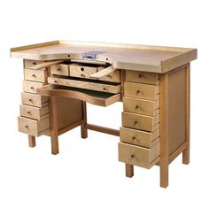 a wooden desk with several drawers on each side and an open drawer at the top