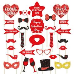 valentine's day photo booth props with hearts, mustaches and glasses on sticks