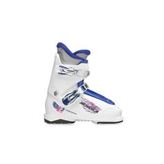 a pair of white ski boots with blue accents