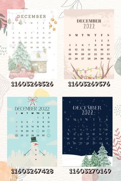 four calendars with different holidays and new year's eve dates on them, including december to december