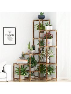 a wooden shelf filled with potted plants next to a white chair in a living room