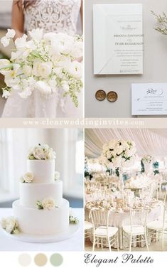 a collage of photos with white flowers and greenery on the top, an elegant wedding cake