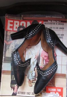 "Vintage 1960s Ferragamo d'orsay pumps black leather with silver metal studs widows peak vamp almond toe high heel ○ Circa: 1960s ○ Label: Rosina Ferragamo Schiavone ○ Color: Black & Silver ○ Excellent Condition! Shoes have been worn but are in amazing shape! Modern Size Estimate: US 6.5 * EU 37 * UK 4 * AU 5 ○ insole: 9.5\" ○ ball: 2.75\" ○ volume: 8\" ○ heel height: 3.5\" ❊ Marked a size 6½...please see modern equivalent above. 👆🏽 ❉ this is a vintage item and there is ONLY one! Item no. Vintage Evening Heels With Reinforced Heel, Vintage Heels With Reinforced Heel For Evening, Retro Pointed Toe Court Shoes For Party, Vintage Leather Court Shoes For Party, Retro Leather Court Shoes For Evening, Retro Pointed Toe Heels With Reinforced Heel, Studded Fitted Heels For Formal Occasions, Formal Studded Fitted Heels, Formal Fitted Studded Heels