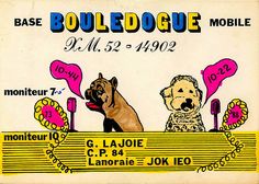 an advertisement for bulldogue mobile phone with two dogs on the front and one dog in the back