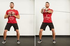 the man is doing exercises with his hands in front of him and holding a barbell