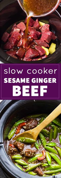 slow cooker sesame ginger beef is being poured into the slow cooked beef and green beans