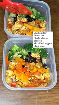 two plastic containers filled with food on top of a wooden table