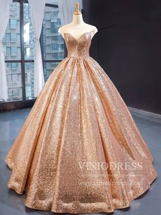 Gold Ball Gown, Rose Gold Princess, Sweet 15 Dresses, Floor Length Prom Dresses, Rose Gold Sequin, Princess Ball Gowns, Gown Prom, Sweet 16 Dresses, Ball Gowns Prom