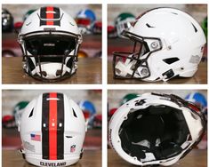 four different views of the cleveland browns football helmet, from left to right, on a table