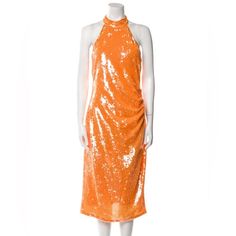 Caroline Constas Orange Sequin Dress Just A Little Too Big On Me But So Stunning! Low Back Halter Neck Shimmer Orange Dress, Orange Halter Neck Dress For Cocktail, Orange Sequined Summer Dress, Orange Sequin Summer Dress, Orange Sleeveless Dress For Holiday, Orange Halter Neck Midi Dress For Party, Orange Spring Holiday Dresses, Orange Sequin Dress, Black Tie Optional Dress