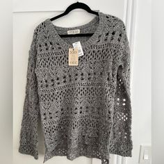 Grey Crochet Knit Sweater Item# Pf524880 Medium Heather Grey Casual Crochet Lace Crew Neck Sweater, Casual Crew Neck Sweater With Crochet Lace, Casual Knit Sweater With Crochet Lace, Casual Crochet Lace Knit Sweater, Casual Winter Crochet Lace Top, Casual Crochet Lace Top For Winter, Fall Crochet Lace Crew Neck Top, Knit Sweater With Crochet Lace Crew Neck, Fall Crochet Lace Top With Crew Neck