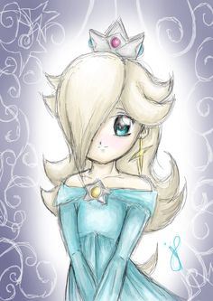 a drawing of a girl in a blue dress with a tiara on her head