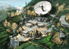 an artist's rendering of a satellite station on top of a mountain