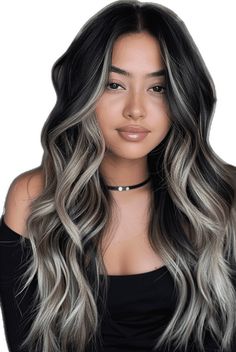 From Black Hair To Balayage, Black Hair Cool Tone Highlights, Off Black Hair With Highlights, Hair Color Ideas Brown And Blonde, Black Hair With Peekaboos Blonde, Highlits For Black Hair, Ash Blonde Highlights Black Hair, Dark Brown Shadow Root With Blonde, Dark Hair With Ashy Money Piece