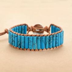 SEA BREEZE BRACELET - Boho Genuine Leather- Semi Precious Turquoise Beads Adjustable Blue Wrap Bracelet With Natural Stones, Blue Natural Stone Festival Bracelets, Blue Natural Stones Festival Bracelets, Blue Natural Stones Bracelet For Festivals, Blue Natural Stones Festival Bracelet, Bohemian Blue Beaded Bracelets With Rectangular Beads, Blue Rectangular Beaded Bohemian Bracelets, Blue Rectangular Bohemian Beaded Bracelets, Bohemian Hand Wrapped Rectangular Jewelry