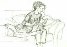 a pencil drawing of a person sitting on a couch with a book in their hand