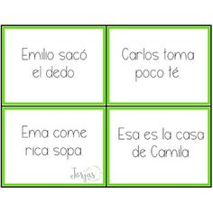 four green squares with spanish words on them