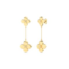 Add a touch of sophistication to any look with these La Fleur Diamond Drop Earrings. Made with 14K/18K solid gold and adorned with shimmering diamonds, these earrings feature a delicate drop design that exudes elegance. Perfect for special occasions or to elevate your everyday style. Timeless Yellow Gold Diamond Earrings For Evening, Luxury Yellow Gold Dangle Earrings, Elegant Gold Diamond Earrings Tarnish Resistant, Elegant Gold Tarnish Resistant Diamond Earrings, Formal Yellow Gold-plated Diamond Earrings, Luxury Yellow Gold Diamond Earrings With Polished Finish, Tarnish Resistant Yellow Gold Diamond Earrings For Formal Events, Luxury 14k Gold Diamond Drop Earrings, Luxury Gold Pierced Diamond Earrings