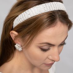 Make a statement with our pearl headbands. The lustrous pearls are handpicked & woven into this designer headband. These hairbands are the perfect finishing touch to complement any hairstyle. If you're attending a wedding (bridal) or simply want to elevate your everyday look, these pearl headbands add a touch of glamour and refinement to your look. Size: Length: 6.25"/ Width: 5.5"/ Thickness: 1" Adjustable Crystal Embellished Hair Accessories For Weddings, Adjustable Hair Accessories With Structured Crown For Wedding, Wedding Hair Accessories With Matching Headband, Adjustable Crystal Embellished Headband, Elegant Wedding Hair Accessories With Matching Headband, Adjustable Wedding Hair Accessories With Structured Crown, Elegant Headband For Wedding Guests, Glamorous Crystal Embellished Headband Jewelry, Glamorous Crystal Embellished Jewelry Headband