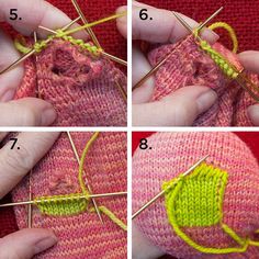 four pictures showing how to use knitting needles