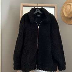 Express | Nwot Oversized Black Sherpa Zip Up Teddy Jacket Size: M/L Color: Black Material: Shell - 100% Polyester / Lining - 60% Cotton & 40% Modal Condition: Took The Tags Off When Purchased But Never Ended Up Wearing. Brand New Condition! Fit/Style: Oversized Fit. Has Silver Zip Front Closure With Roomy Side Pockets. Very Soft! Oversized Black Outerwear With Fleece Lining, Oversized Outerwear With Faux Fur Lining For Cold Weather, Black Sherpa Outerwear, Cozy Oversized Outerwear With Zipper Closure, Cozy Oversized Black Outerwear, Casual Oversized Sherpa Outerwear, Oversized Sherpa Outerwear For Fall, Oversized Sherpa Outerwear For Cold Weather, Oversized Black Fleece Jacket For Fall