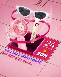 a pink poster with sunglasses and a fan