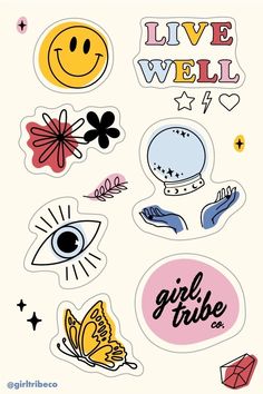 various stickers that say live well, girl tribe and have different symbols on them