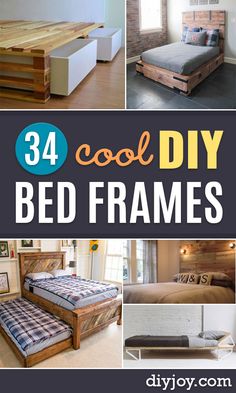 four different pictures with the words cool diy bed frames