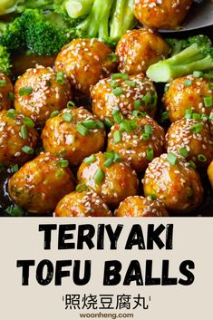 there is an advertisement for tofu balls and broccoli