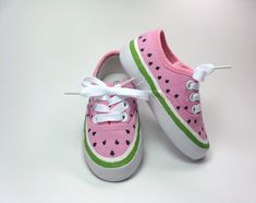 Our watermelon shoes are sweet. They have little hand painted black seeds sprinkled all around the shoes. The rind is done in green and white. These are hot pink sneakers and are cotton canvas with hard rubber soles.  Perfect for watermelon themed parties or a nice addition to watermelon outfits.  NOTE: Some think the shoes run small and are not sized like name brands so please measure. PLEASE: Use our size chart below when selecting your size.  Measurements are taken on the inside length of the shoe. Size 3: 4 and 5/8 inches long Size 4: 4 and 7/8 inches long Size 5:  5  inches long Size 6:  5 and 1/4 inches long Size 7:  5 and 1/2 inches long Size 8: 5 and 5/8 inches long Size 9:  5 and 7/8 inches long Size 10: 6  inches long Size 11: 6 and 1/2 inches long IMPORTANT:  PLEASE MEASURE. Doi Watermelon Birthday Party Theme, Watermelon Shoes, Hot Pink Sneakers, Watermelon Outfit, Watermelon Birthday Parties, Trendy Party Outfits, Watermelon Baby, Outfit Sneakers, Toddler Birthday Party