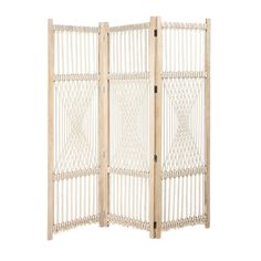 a room divider made out of wood and white rope with two panels on each side