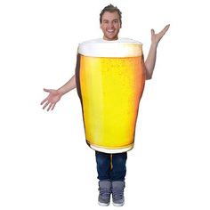 a man in a beer mug costume standing with his arms outstretched and hands out to the side