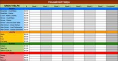 a spreadsheet for household help in the form of an excel chart with numbers and times