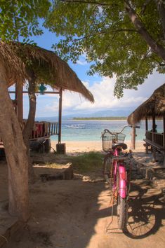 a pink bike parked on the side of a sandy beach next to some palm trees