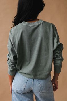 Richer poorer relaxed crop long sleeve tee in sage leaf green.    model is wearing a size small.    100% cotton. Richer Poorer, Sage Leaf, Crop Long Sleeve, Denim Jacket With Dress, Sage Leaves, Leaf Green, Knit Pants, Top Sales, Socks And Hosiery