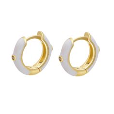 Our Angie Huggies are charming for casual wear, and can be used as lobe earrings, second hole hoop earrings or even sleep on them. Stack'em with more of your favorites for a gorgeous look. Made of brass with a gold plating and colorful oil drip enamel, each huggie features a delicate CZ stone to brighten the stack. - Care Instructions: Avoid contact with water, lotion, and perfume. Clean gently with a polishing cloth. Product Specifications: - Gold plated copper - Coloful enamel - Cubic Zirconia Trendy White Huggie Earrings For Everyday, Everyday Trendy White Huggie Earrings, Trendy White Huggie Hoop Earrings, White Gold Plated Single Hoop Earring, Hypoallergenic White Huggie Earrings Gold-plated, White Gold-plated Huggie Earrings, Everyday White Huggie Cartilage Earrings, Adjustable Small Hoop Gold-plated Earrings, Adjustable Gold Plated Small Hoop Earrings