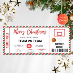 a basketball ticket is hanging from a christmas tree with ornaments around it and the words merry christmas you're getting to see team