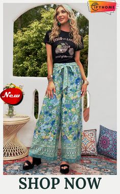 Green Floral Print Wide Leg Boho Pants Spring Printed Long Harem Pants, Summer Floral Print Wide-leg Harem Pants, Spring Floral Print Ankle-length Bottoms, Floral Print Ankle-length Spring Bottoms, Ankle-length Floral Print Bottoms For Spring, Ankle-length Floral Print Spring Bottoms, Floral Print Ankle-length Bottoms For Summer, Printed Bohemian Harem Pants For Spring, Summer Floral Ankle-length Bottoms