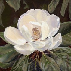 a painting of a white flower with green leaves