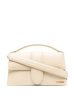 ivory white calf leather gold-tone logo lettering foldover top with magnetic fastening single top handle adjustable detachable shoulder strap Jacquemus Bag, White Purses, Leather Handbags Women, Fancy Bags, Woman Bags Handbags, Tote Bag Leather, Metallic Logo, Ivory White, White Bag