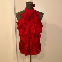 Excellent Condition- Never Worn - Ties In Back Lying Flat- Underneath Arms -18.5in 22 Silk Ruffle Tops For Night Out, Silk Ruffled Top For Night Out, Fitted Silk Blouse For Date Night, Fitted Silk Top For Date Night, Red Silk Sleeveless Top, Magenta Blouse, Peach Cardigan, Womens Grey Sweater, Burgundy Tie