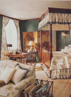 an open book shows a bedroom with four poster bed and antique furniture in the background